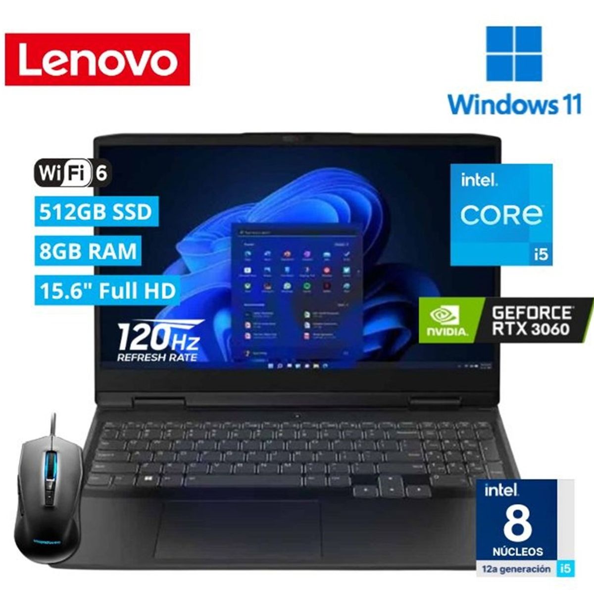 LENOVO - Laptop Lenovo IdeaPad Gaming 3 15.6” FHD Core i5-12450H 8GB 512GB SSD RTX3060 6GB Windows 11 + Mouse