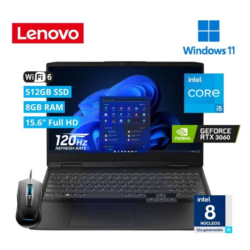 LENOVO - Laptop Lenovo IdeaPad Gaming 3 15.6” FHD Core i5-12450H 8GB 512GB SSD RTX3060 6GB Windows 11 + Mouse