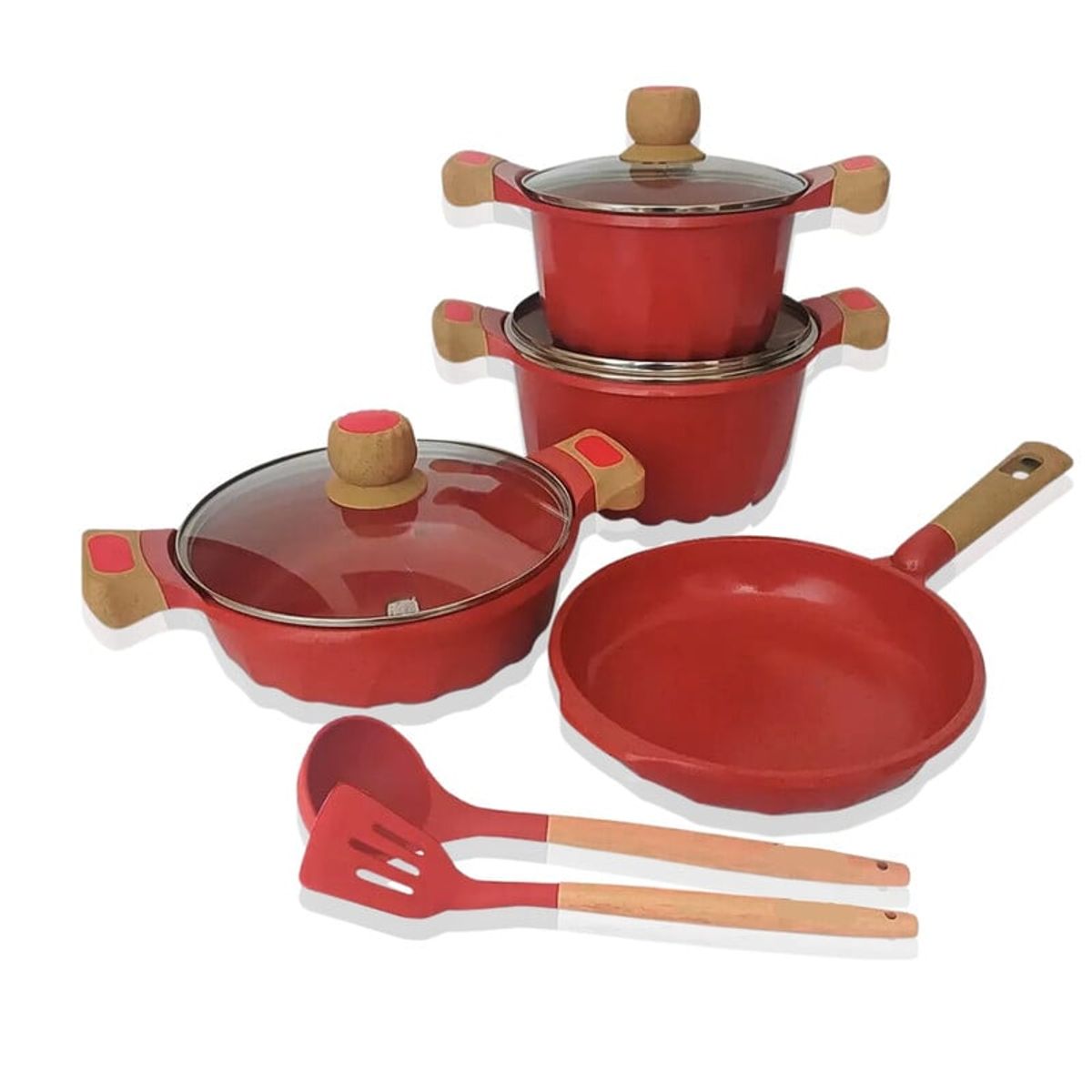 VALESKA - Juego De Olla Roca Volcánica Valeska Super 7 + 2 Utensilios Rojo