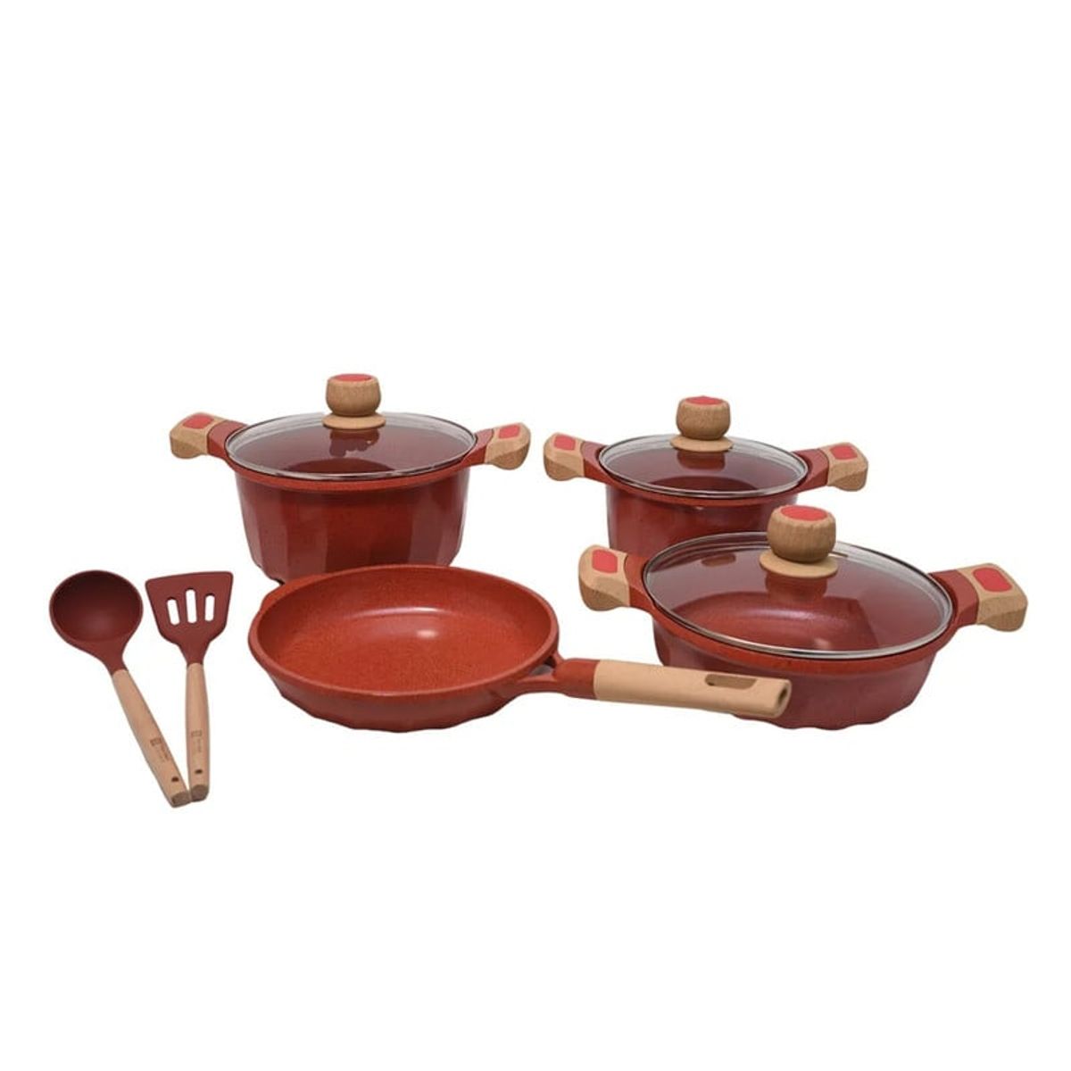 VALESKA - Juego De Olla Roca Volcánica Valeska Super 7 + 2 Utensilios Rojo