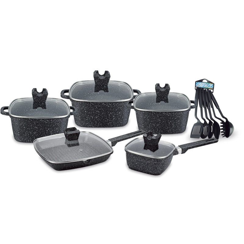 OEM - Juego De Olla de Granito Volcánico 10 Pzas más 6 Utensilios Negro