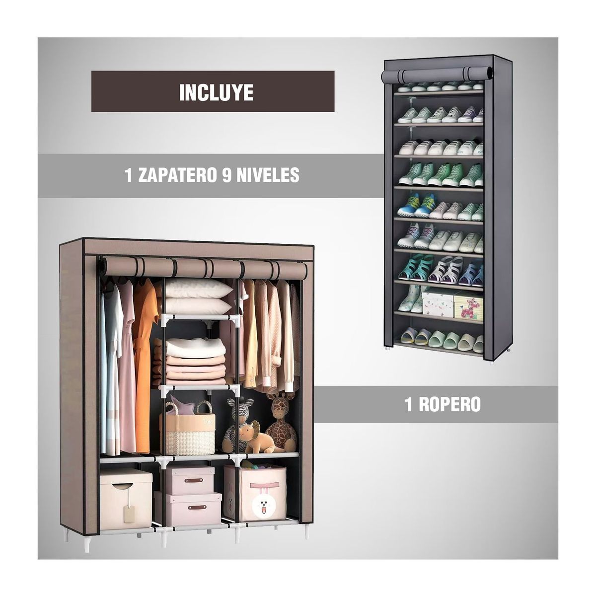 GENERICO - ZAPATERA 9 NIVELES 27 PARES + ROPERO ARMABLE 3 PIEZAS