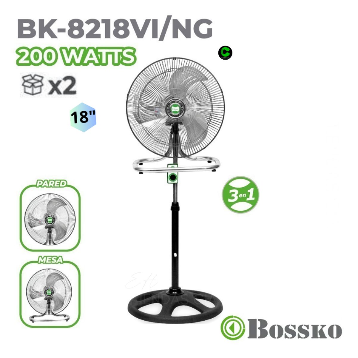 VENTILADOR BOSSKO 3 EN 1 BK-8218VI NG / NEGRO X 2 UNIDADES, marca BOSSKO - Foto 2
