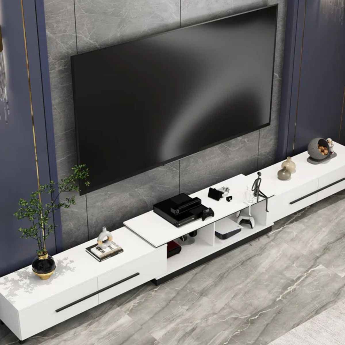 TU MESITA - Mesa de TV Expandible Royalty color Blanco 4 cajones TU MESITA