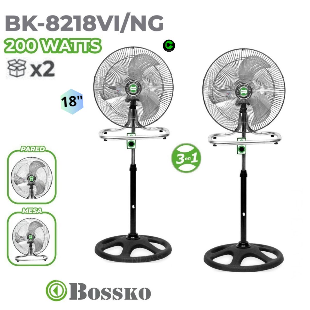 BOSSKO - VENTILADOR BOSSKO 3 EN 1 BK-8218VI NG / NEGRO X 2 UNIDADES