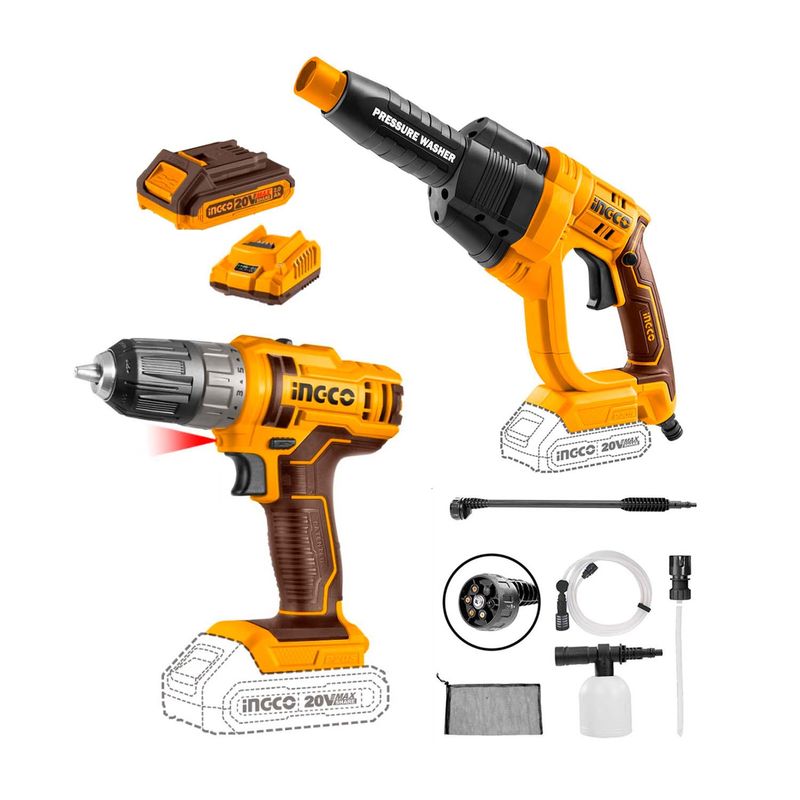 INGCO TOOLS - HIDROLAVADORA INALÁMBRICA 20V CARWASH + TALADRO ATORNILLADOR - COMBO