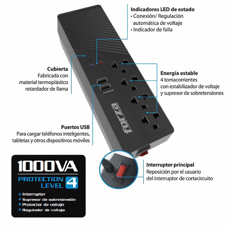 FORZA - ESTABILIZADOR FORZA FVR-1012USB1000VA/500W 4 TOMAS  BLACK