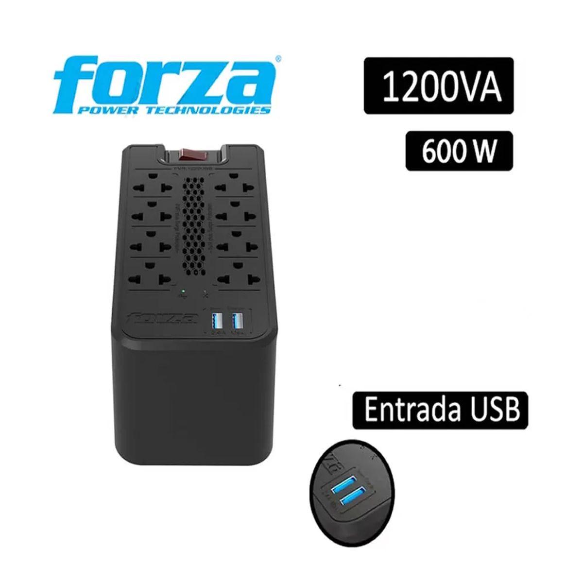 FORZA - ESTABILIZADOR FORZA FVR-1222 USB 1200VA/600W 8 TOMAS BLACK