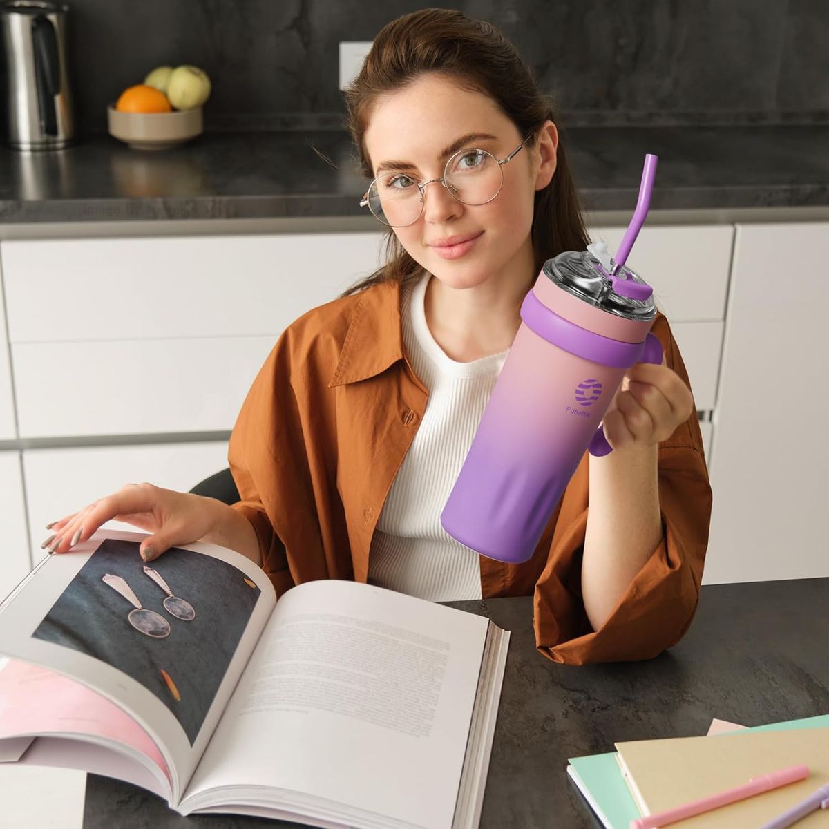 FJBOTTLE - FJBottle - Botella Mug con cañita Témico acero con tapa de tritán 40oz - Rosa