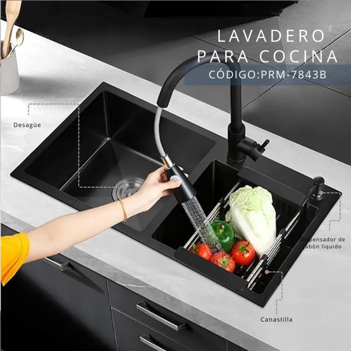 FRATELLI - LAVADERO DE COCINA ACERO DOBLE POZA NEGRO PRM-7843B