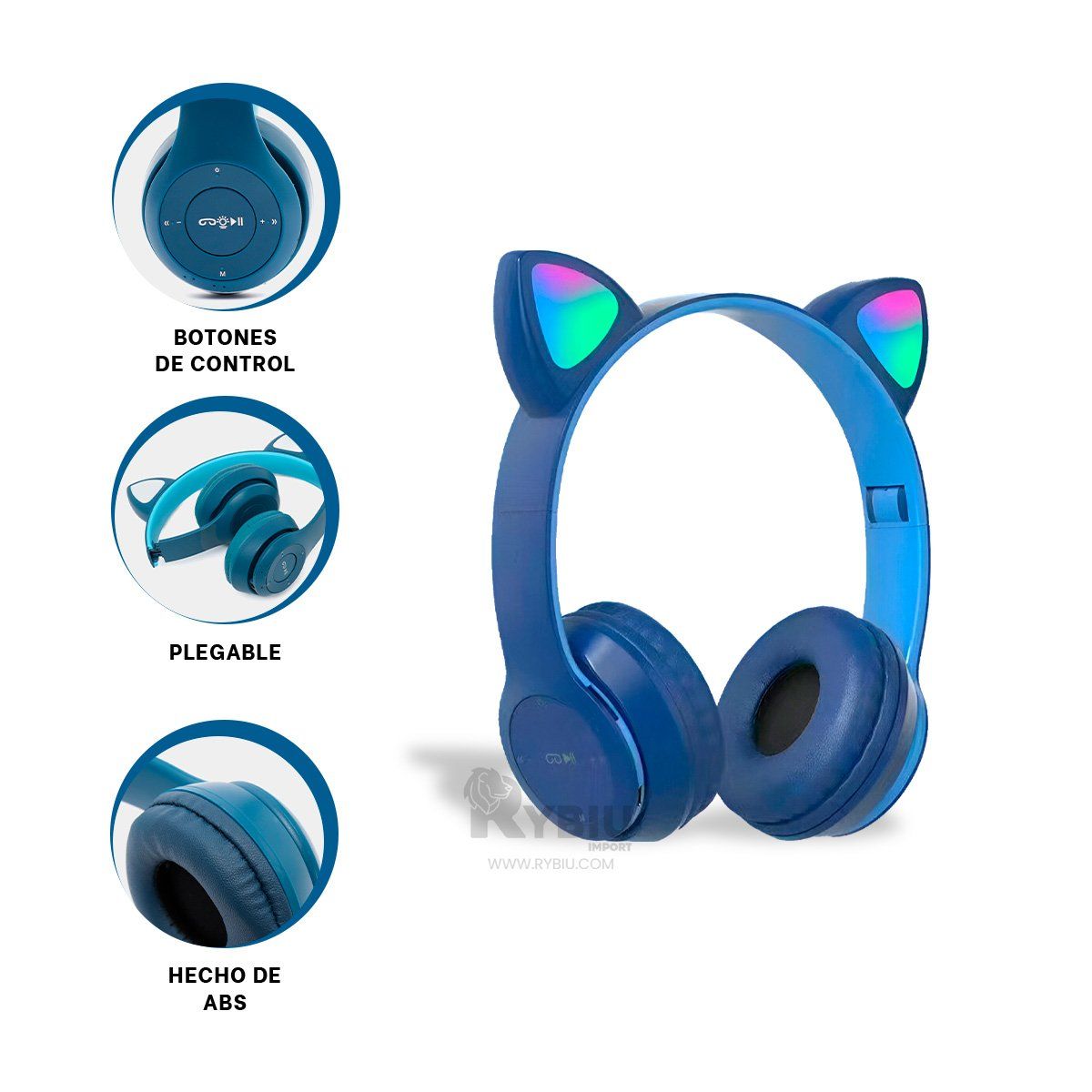 RYBIU IMPORT - Auriculares Felino y con Luces Color Azul Y+Regalo Stickers