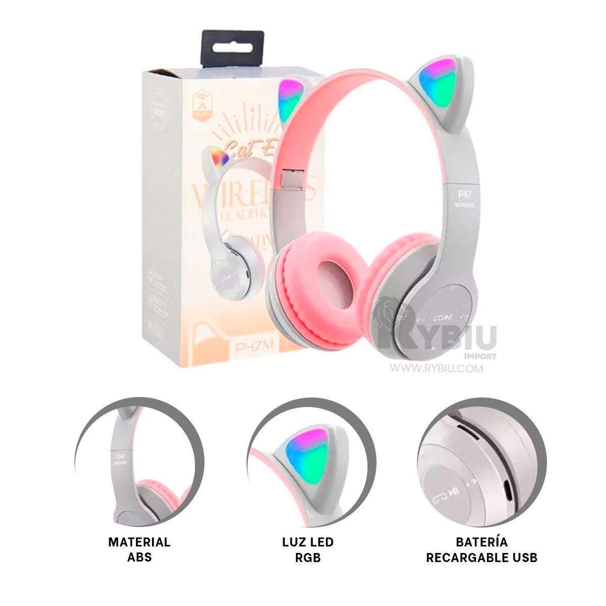 RYBIU IMPORT - Orejeras Portatil en Gato Color Plomo Y+Post-it Adhesivos