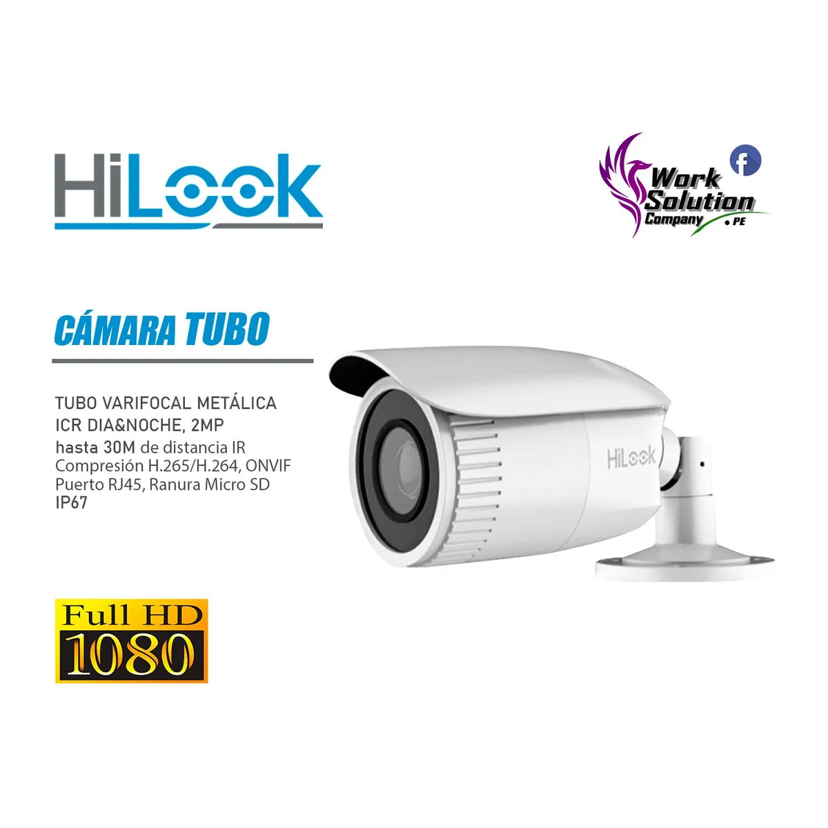 HIKVISION - Cámara de Seguridad Hilook Tubo IP Varifocal Full HD 2MP IR 30M PoE IP67