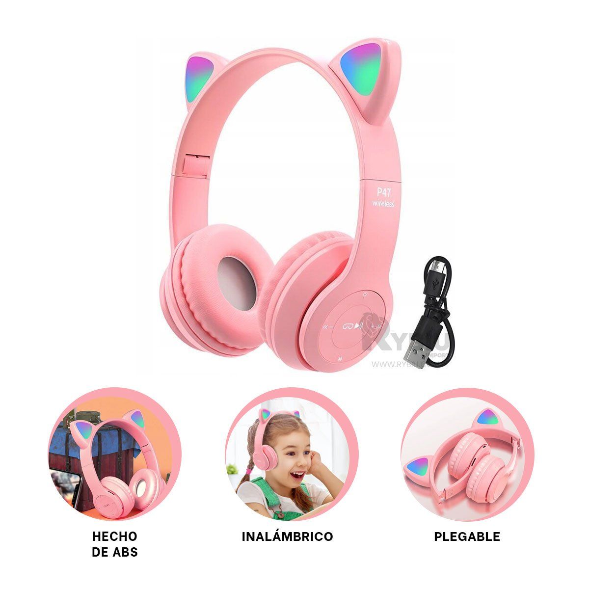 RYBIU IMPORT - Auriculares Felino y con Luces Tono Rosado Y+Regalo Stickers