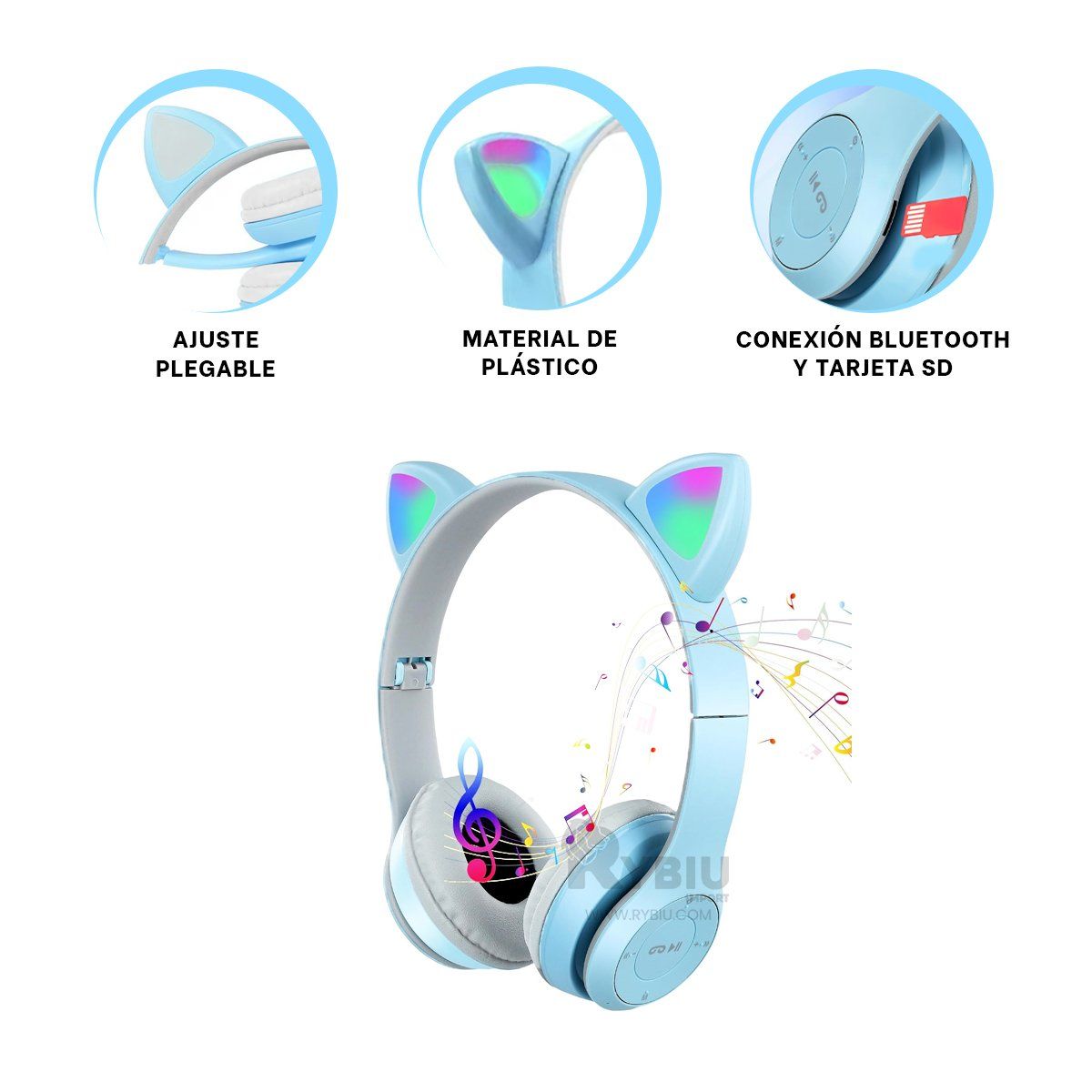 RYBIU IMPORT - Auriculares Led de Diseño de Gato Celeste Y+Regalo Agendita