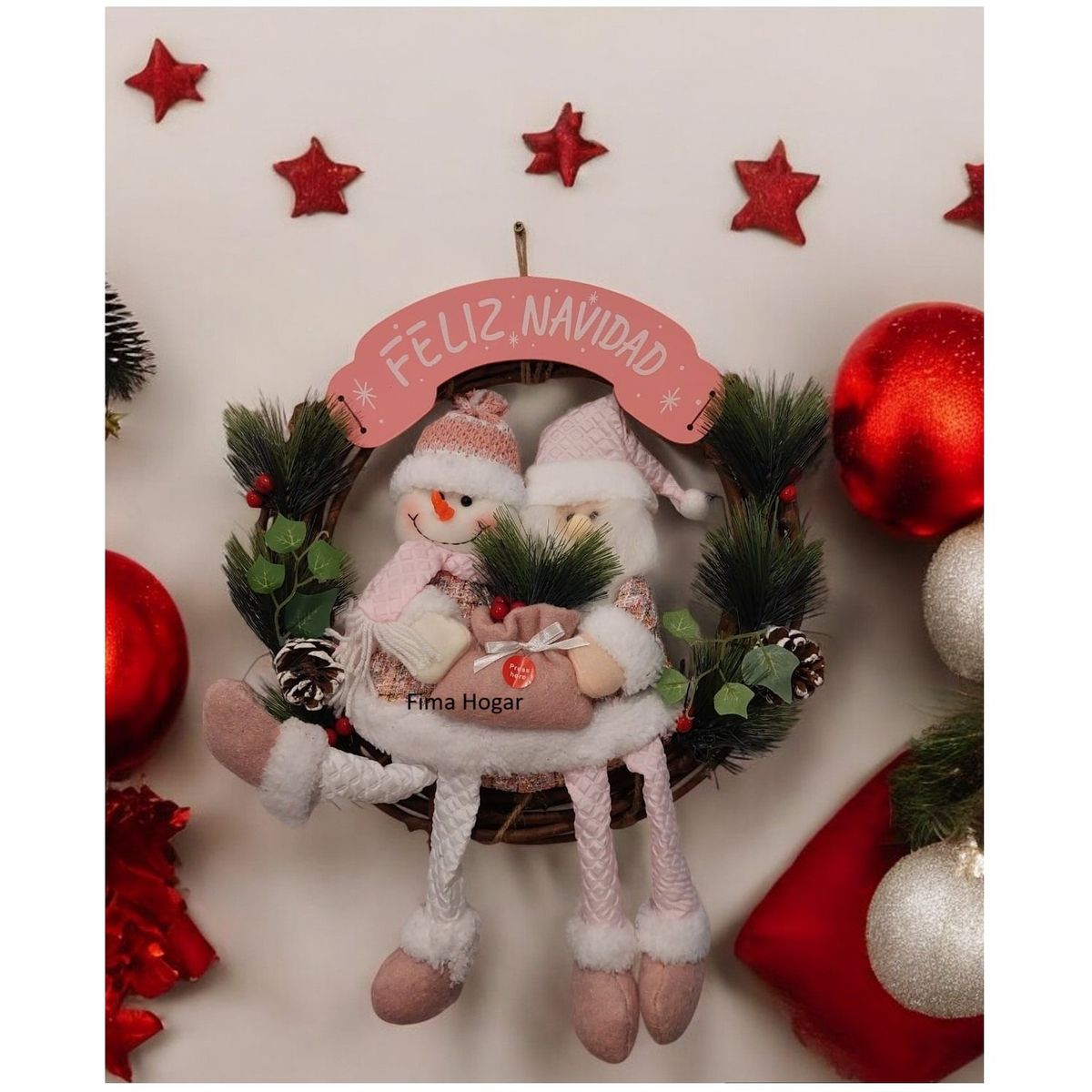 GENERICO - Corona de Navidad colgante para pared y puerta rosado 45 cm