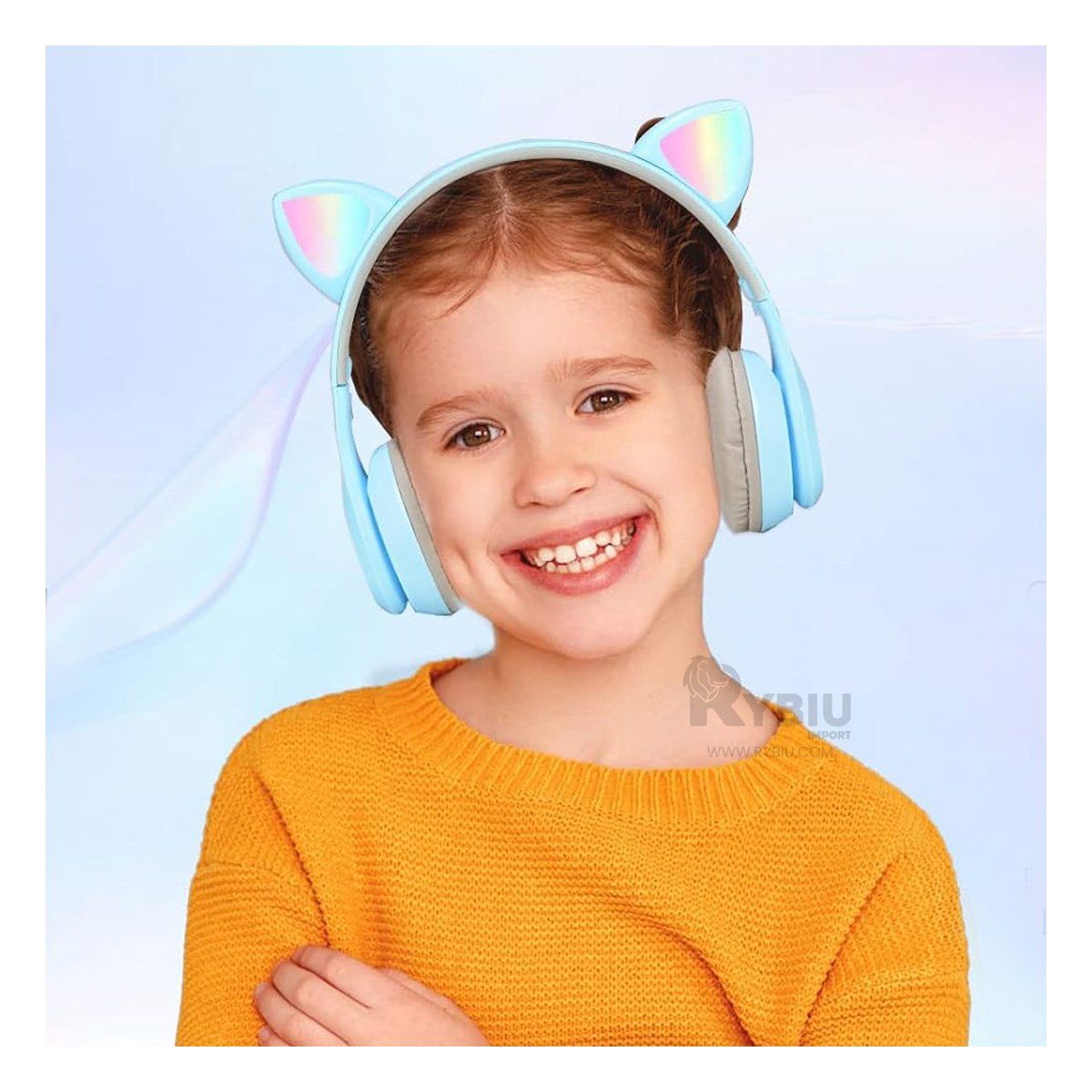 RYBIU IMPORT - Audifonos con Luces Forma de Gato Celeste Y+Papel de Regalo