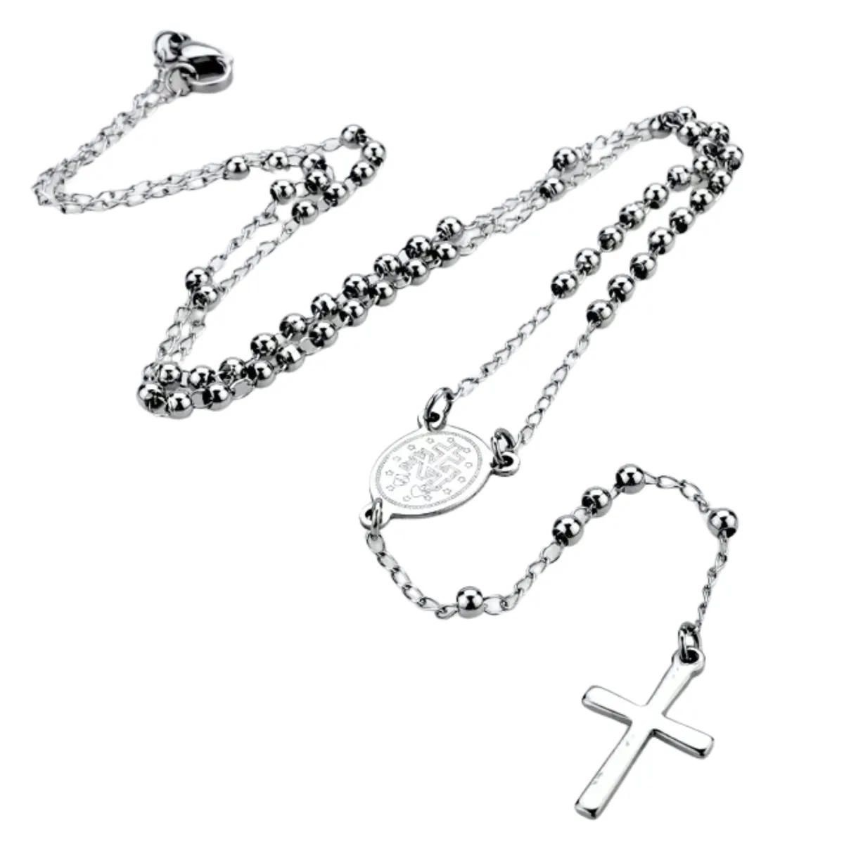 GENERICO - Rosario de Acero Inoxidable Cuentas Plateadas Mujer