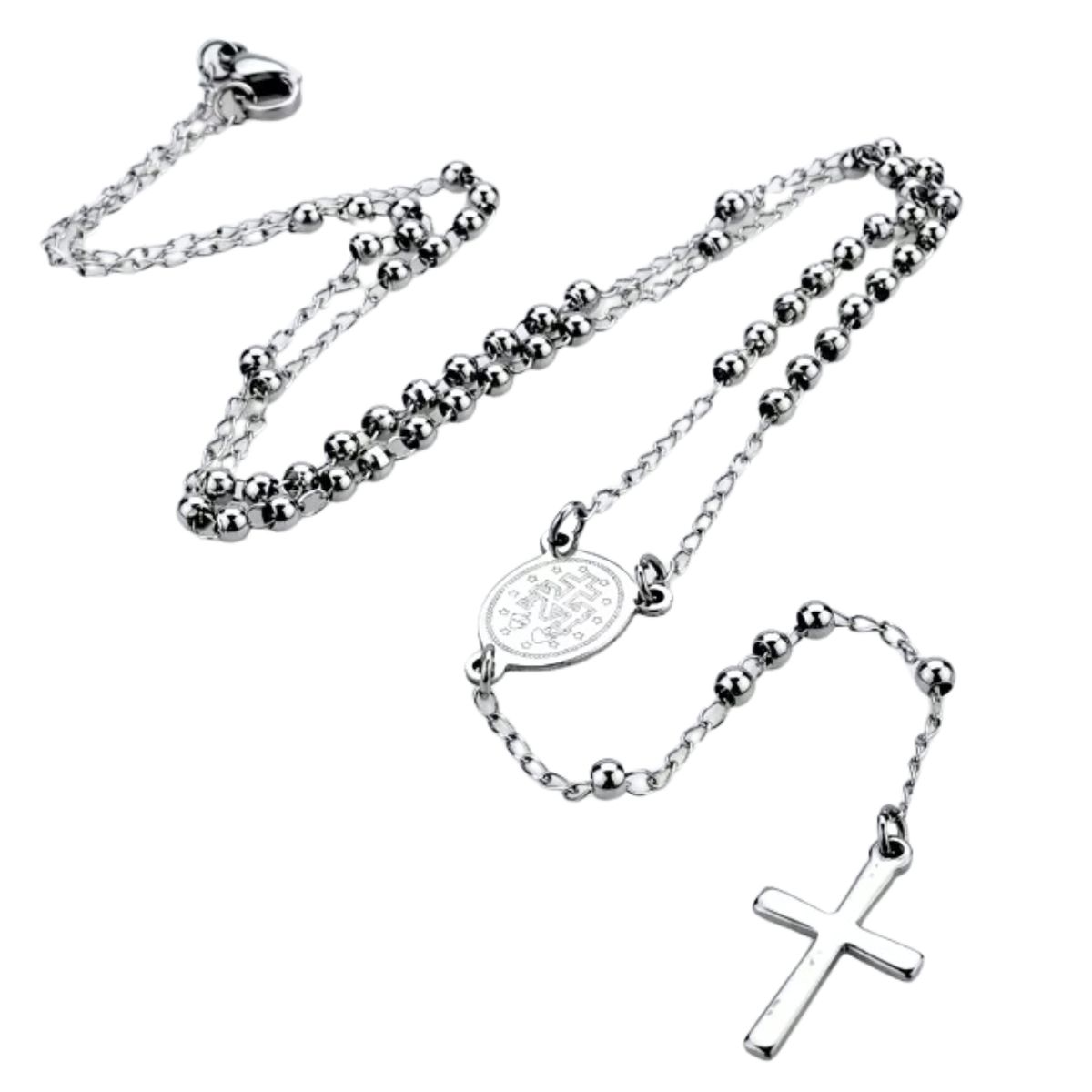GENERICO - Rosario de Acero Inoxidable Cuentas Plateadas Mujer