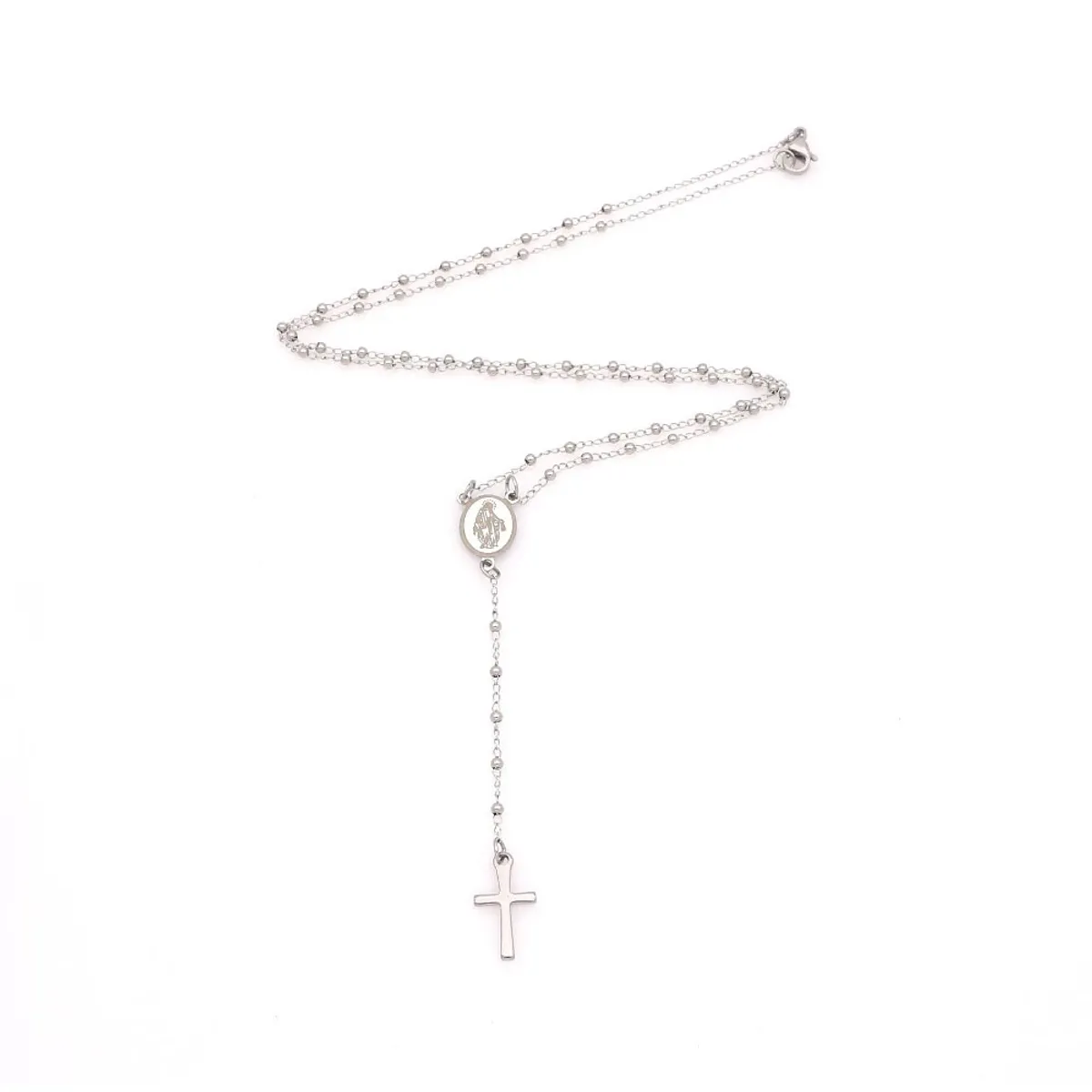 GENERICO - Rosario de Acero Inoxidable Cuentas Plateadas Mujer