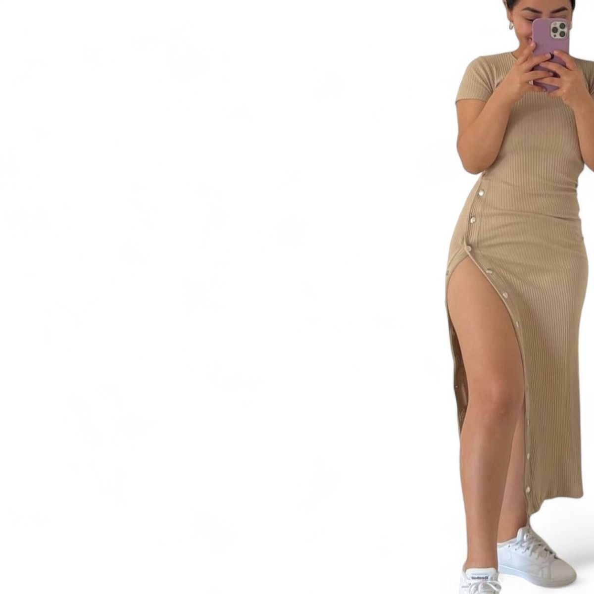 GENERICO - Mujer Vestido Broche Mc Rib Acánalado Col-25 Beige