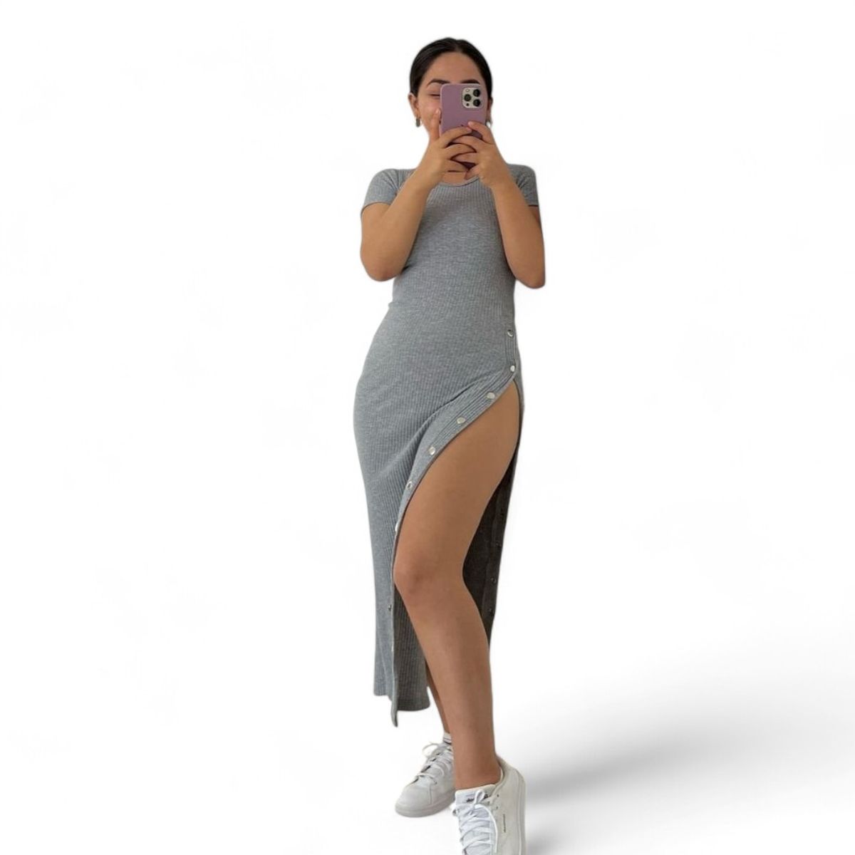 GENERICO - Mujer Vestido Broche Mc Rib Acánalado Col-25 Gris