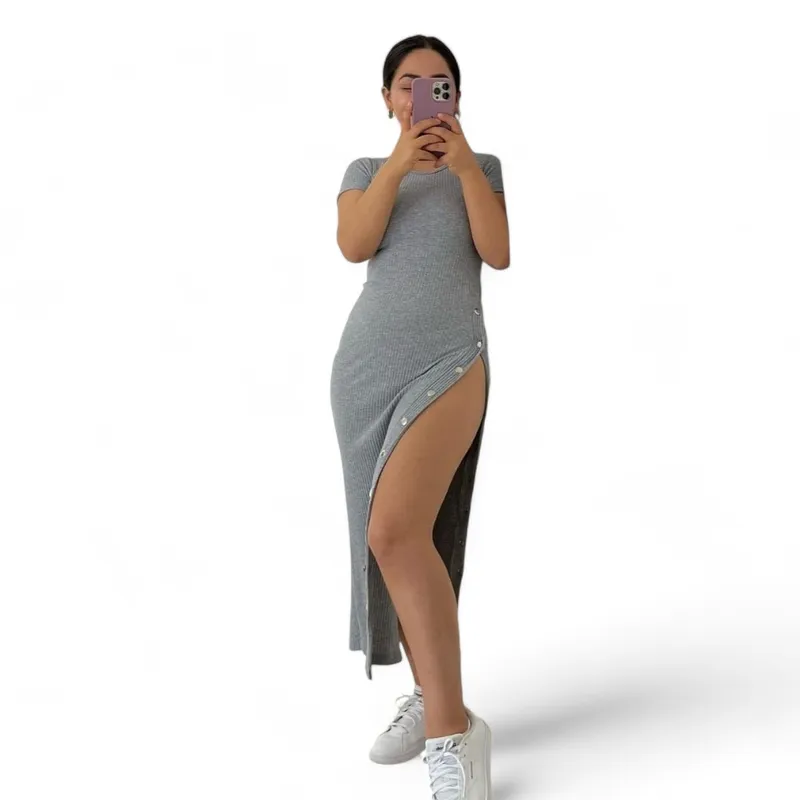 GENERICO - Mujer Vestido Broche Mc Rib Acánalado Col-25 Gris