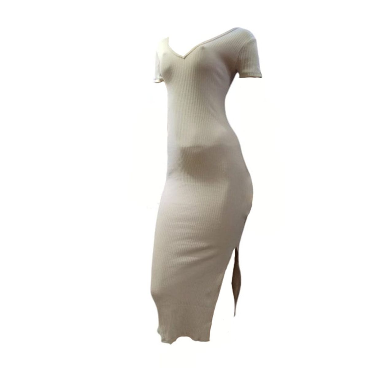 GENERICO - Mujer Vestido Doble V Acánalado Maxi Col-22 Beige