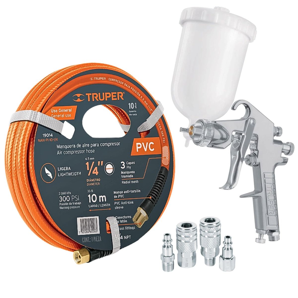 TRUPER - kit Pistola de aire para pintar  profesional manguera 10m conectores