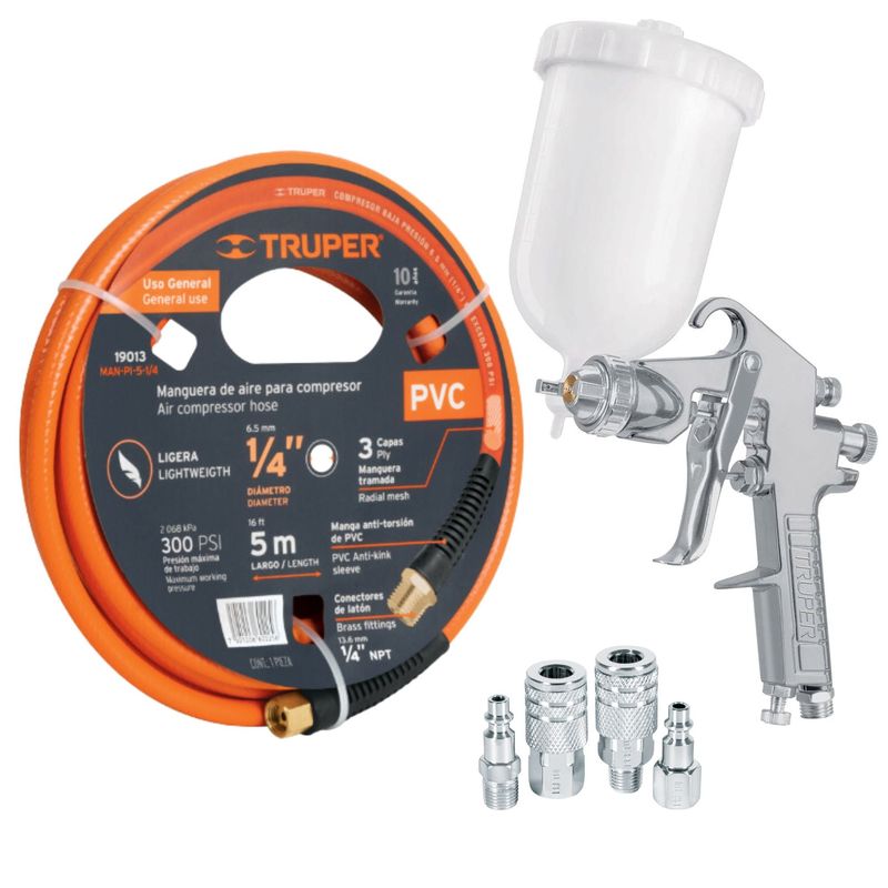 TRUPER - kit Pistola de aire para pintar  profesional manguera 5m conectores