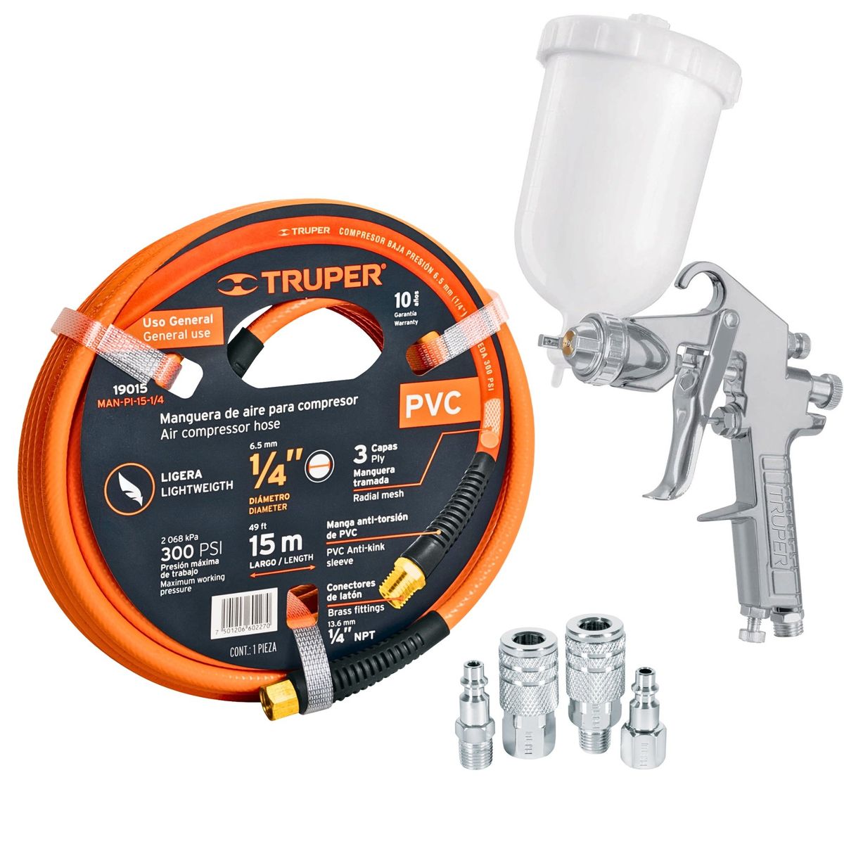 TRUPER - kit Pistola de aire para pintar  profesional manguera 15m conectores