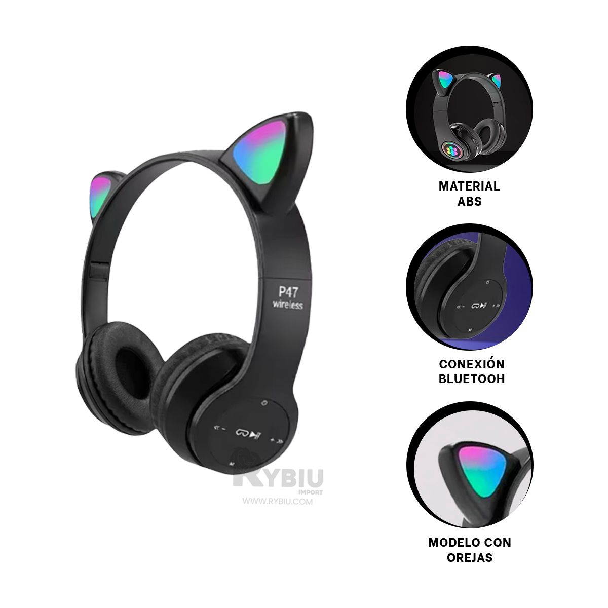 RYBIU IMPORT - Auriculares Felino con Luces Tono Negro Y+Regalo Stickers