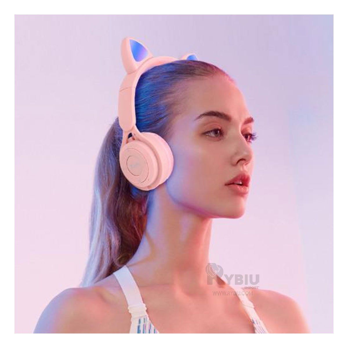RYBIU IMPORT - Audifonos con Luces Forma de Gato Rosado Y+Papel de Regalo