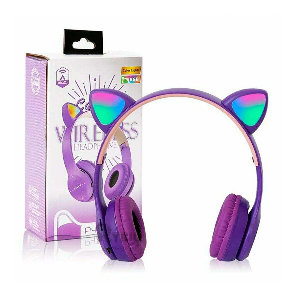 RYBIU IMPORT - Auriculares Felino con Luces Tono Morado Y+Regalo Stickers