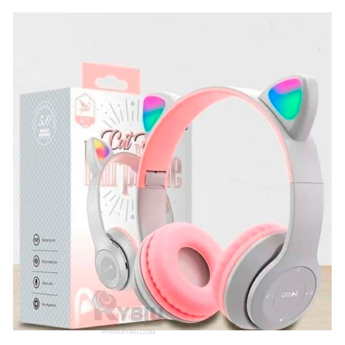 RYBIU IMPORT - Audifonos con Tematica de Gato y con Luces en Tono Plomo