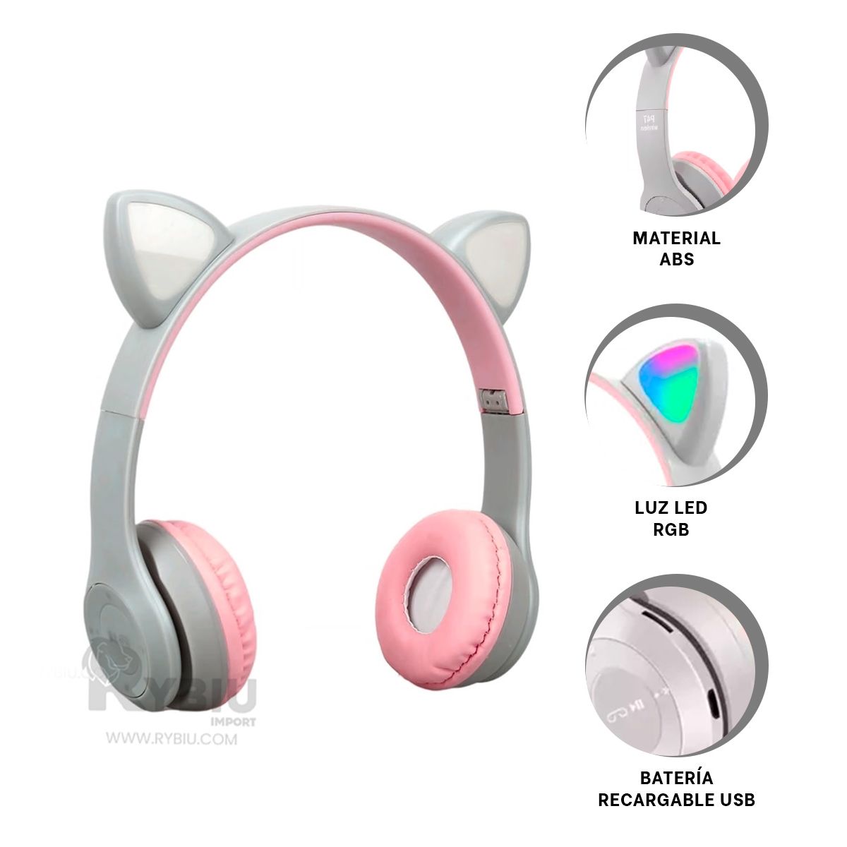 RYBIU IMPORT - Auriculares Led de Diseño de Gato en Plomo Y+Regalo Agendita