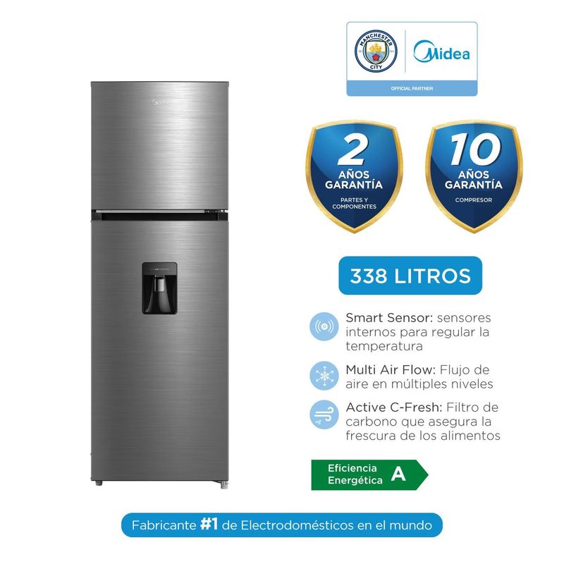 MIDEA - Refrigeradora Top Mount No Frost 338l Inox MDRT489MTR46PEW