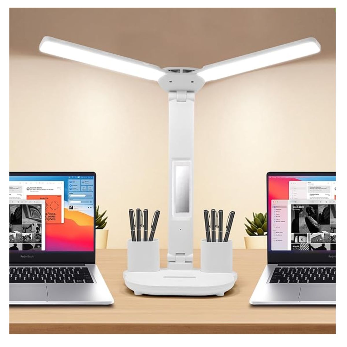 SEISA - Lampara Ventilador de escritorio Luz Led Espejo de mesa Portalapices