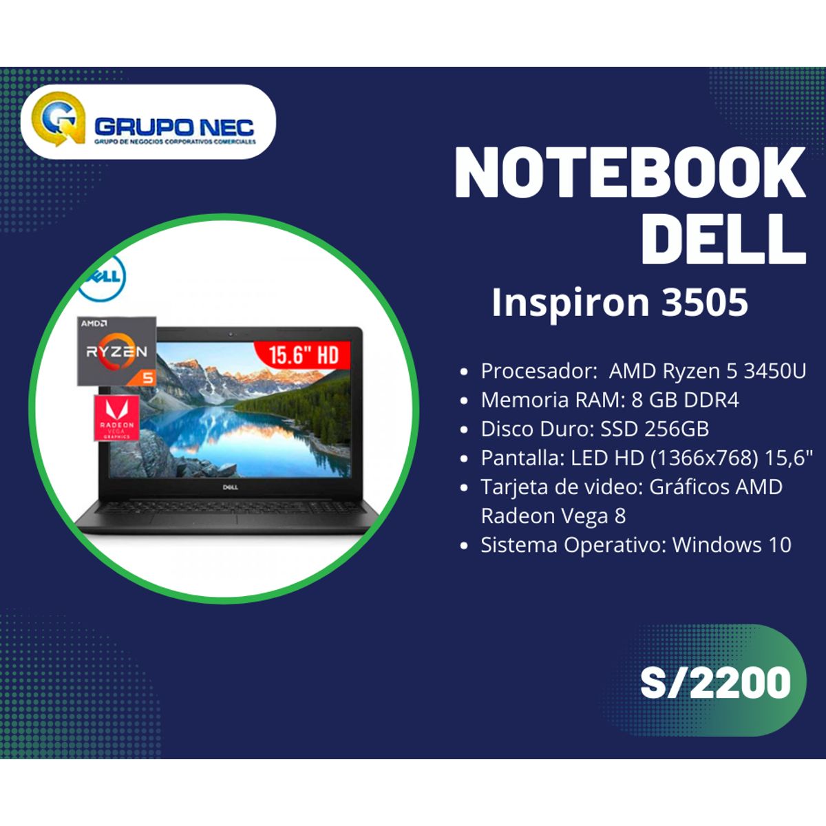 DELL - Notebook Dell Inspiron 3505 AMD Ryzen 5 3450U