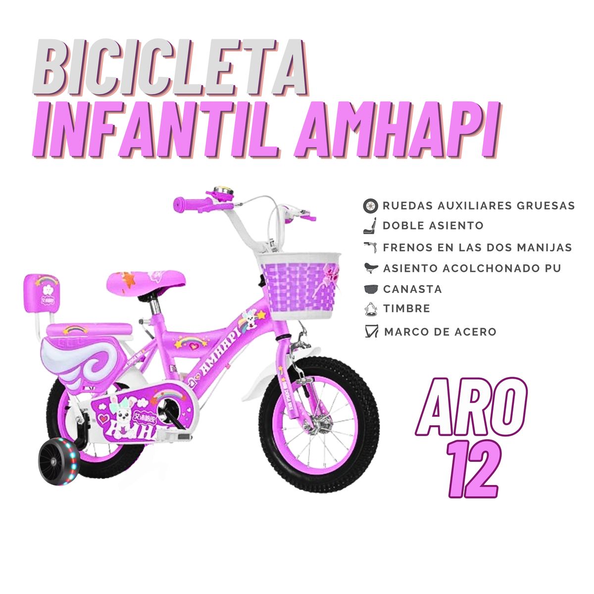 GENERICO - Bicicleta Infantil Aro 12 con doble asiento para niña