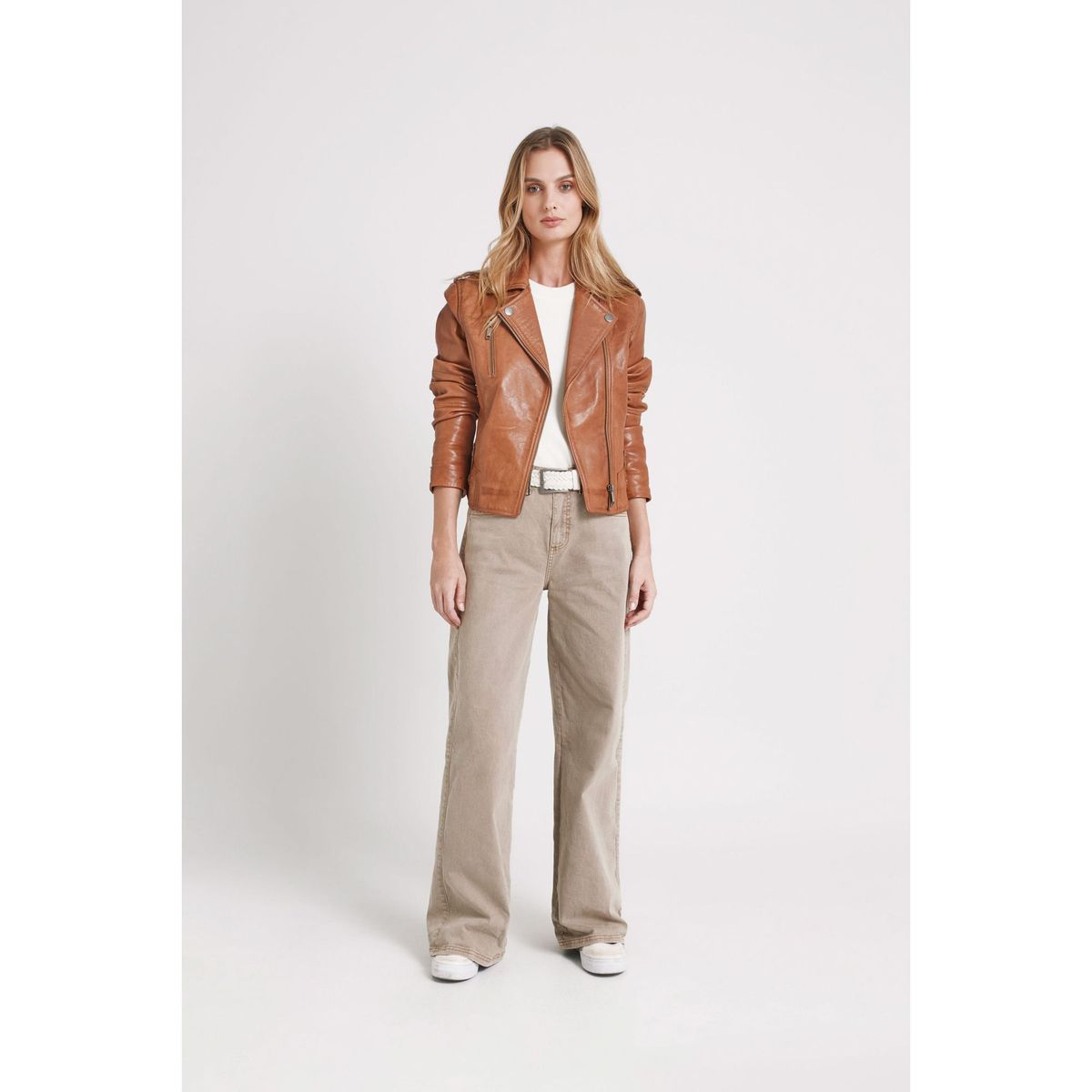 VELEZ - Vélez Casaca Biker Natura Cuero Mujer Semi Ajustada Miel