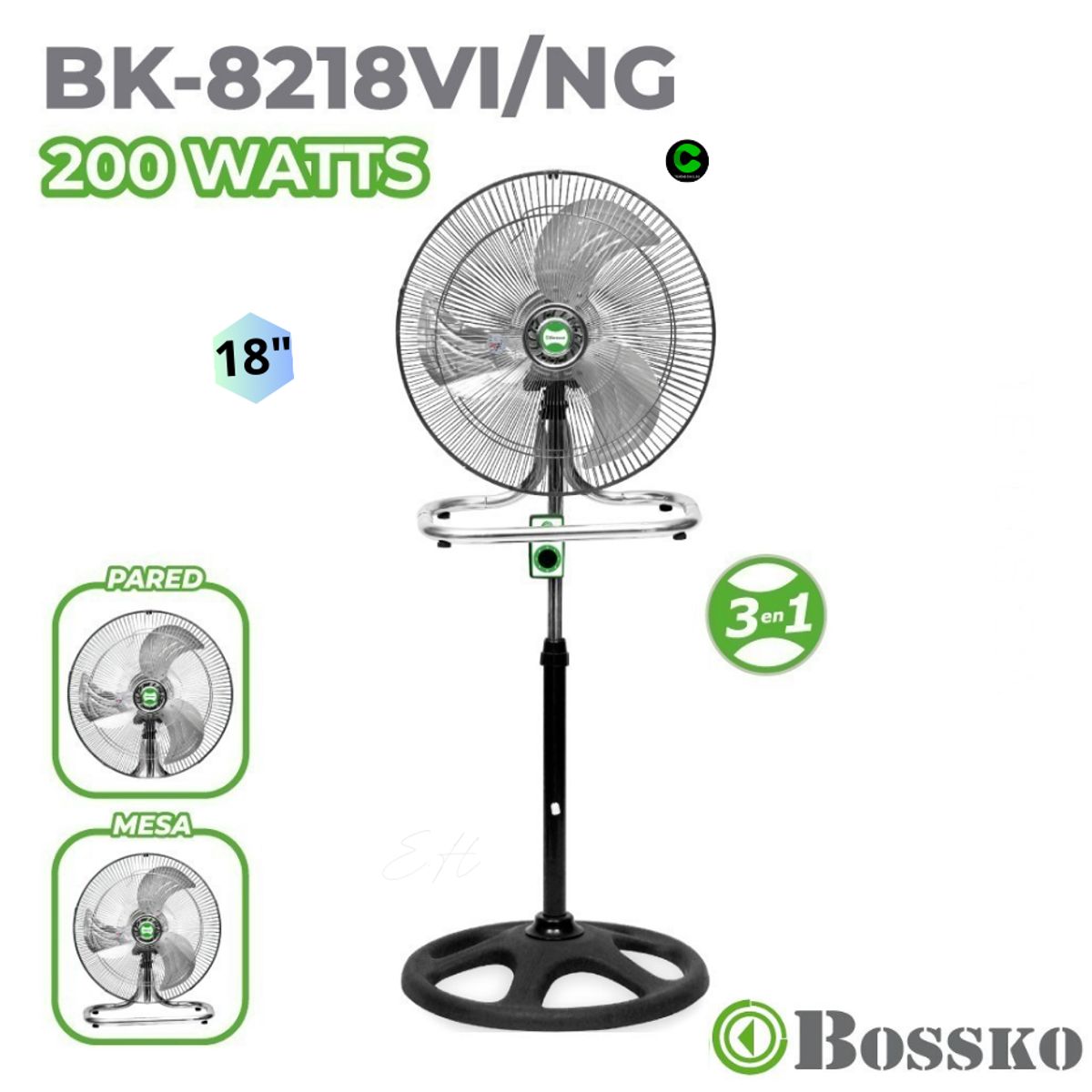 BOSSKO - VENTILADOR BOSSKO 3 EN 1 BK-8218VI NG / NEGRO X 2 UNIDADES