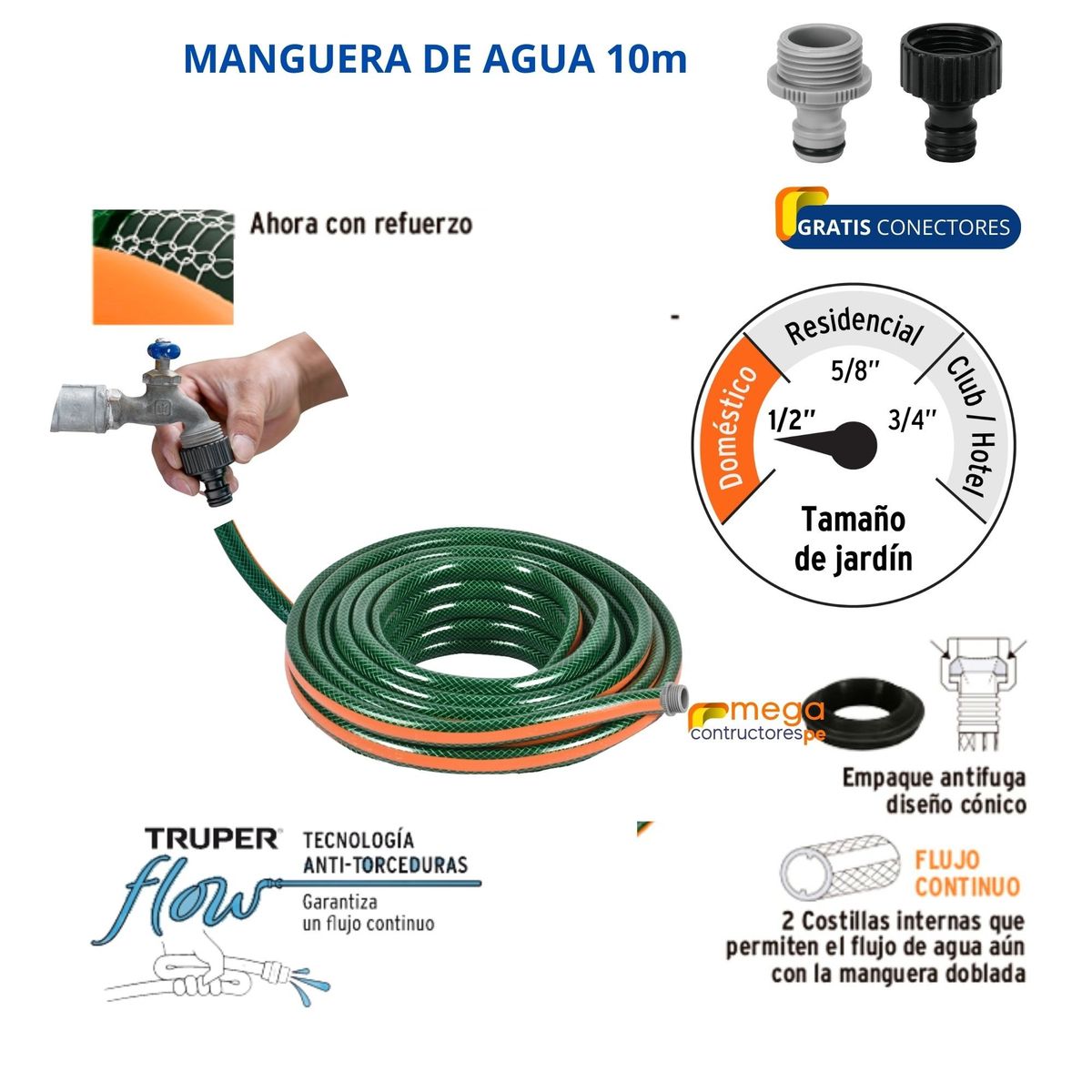 TRUPER - KIT regador aspersor mariposa estaca manguera de riego 10 metros,