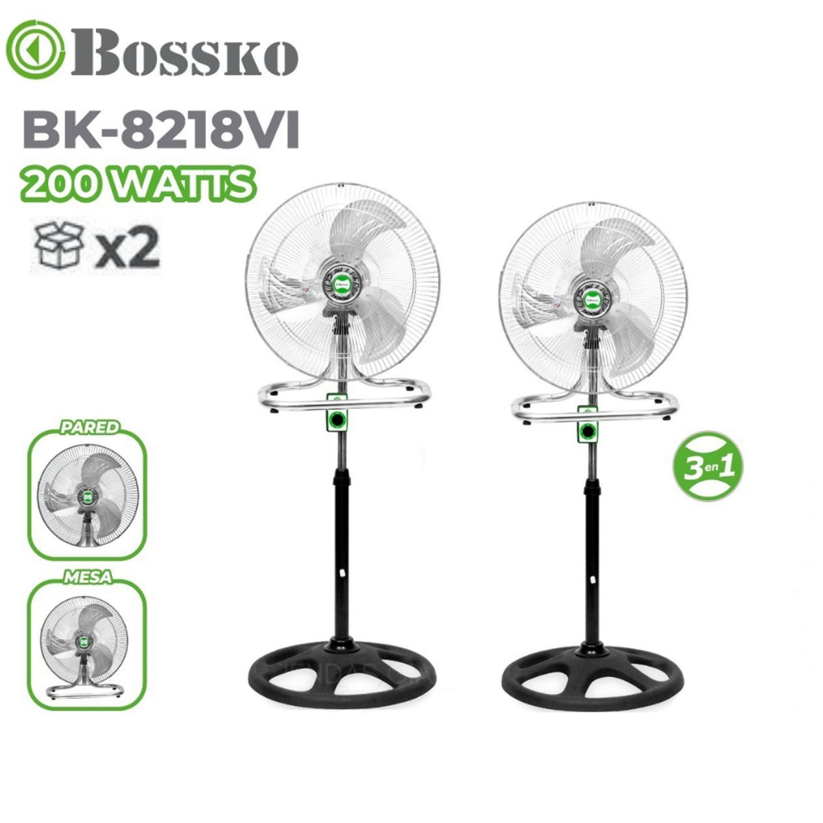 BOSSKO - VENTILADOR BOSSKO 3 EN 1 BK-8218VI NG / METAL X 2 UNIDADES