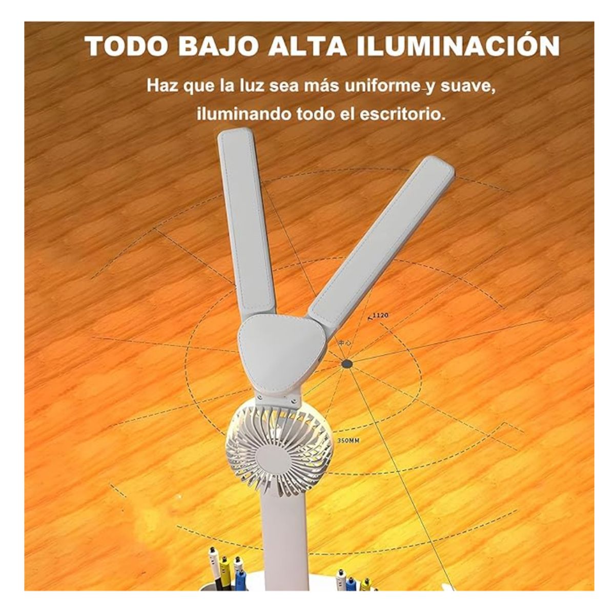 SEISA - Lampara Ventilador de escritorio Luz Led Espejo de mesa Portalapices