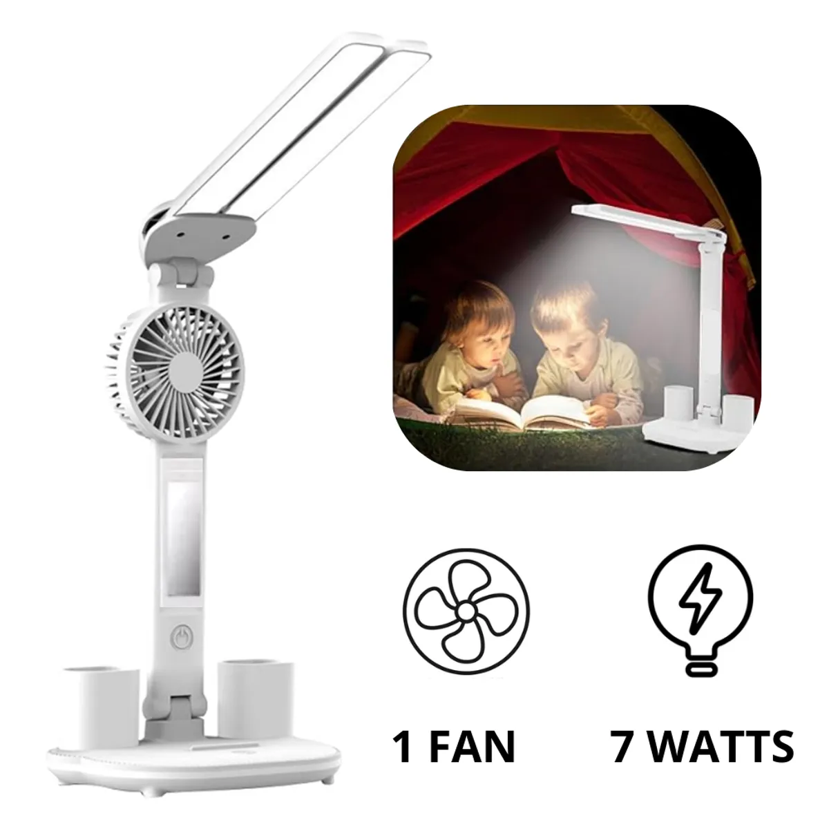 SEISA - Lampara Ventilador de escritorio Luz Led Espejo de mesa Portalapices