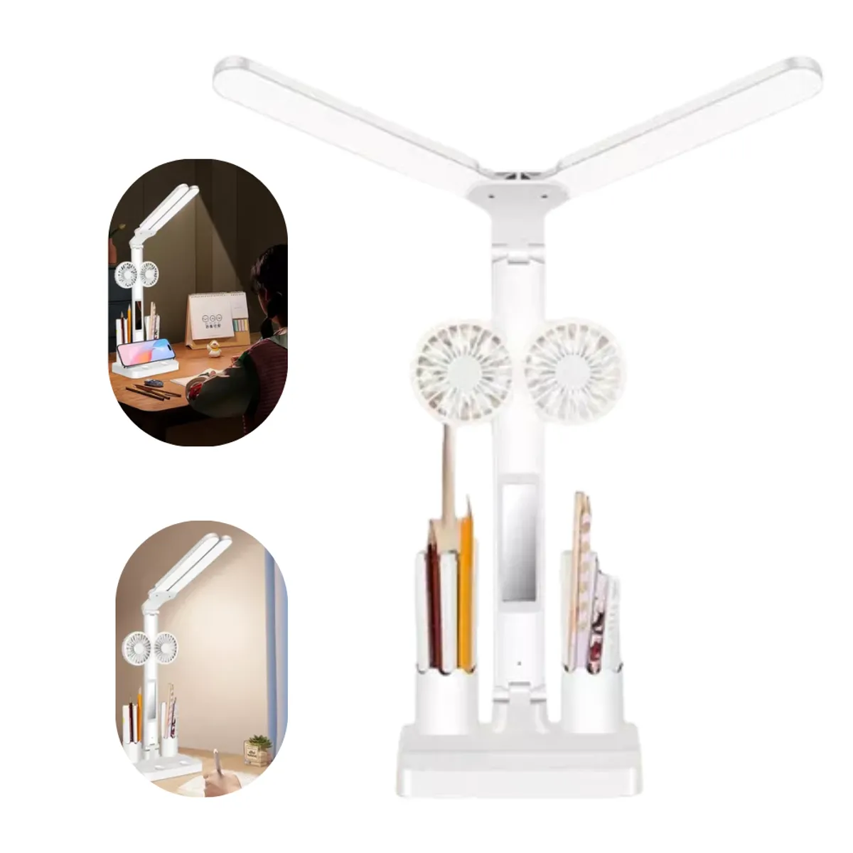 SEISA - Lampara Ventilador de escritorio Luz Led Espejo de mesa Portalapices