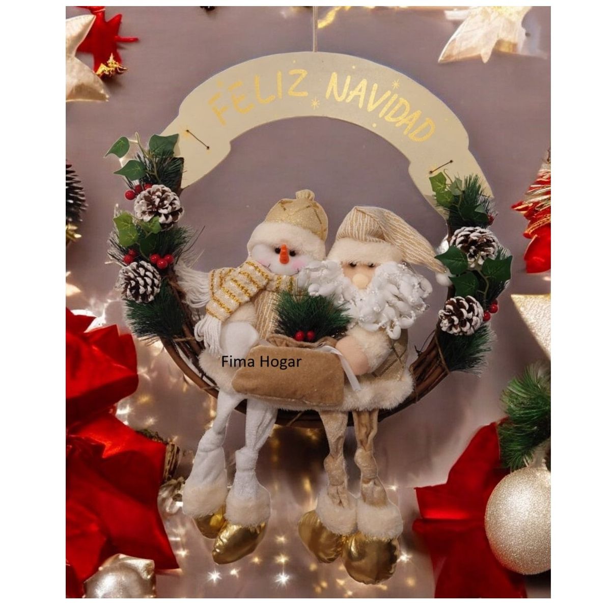 GENERICO - Corona de Navidad Grande colgante para pared y puerta dorado 50 cm