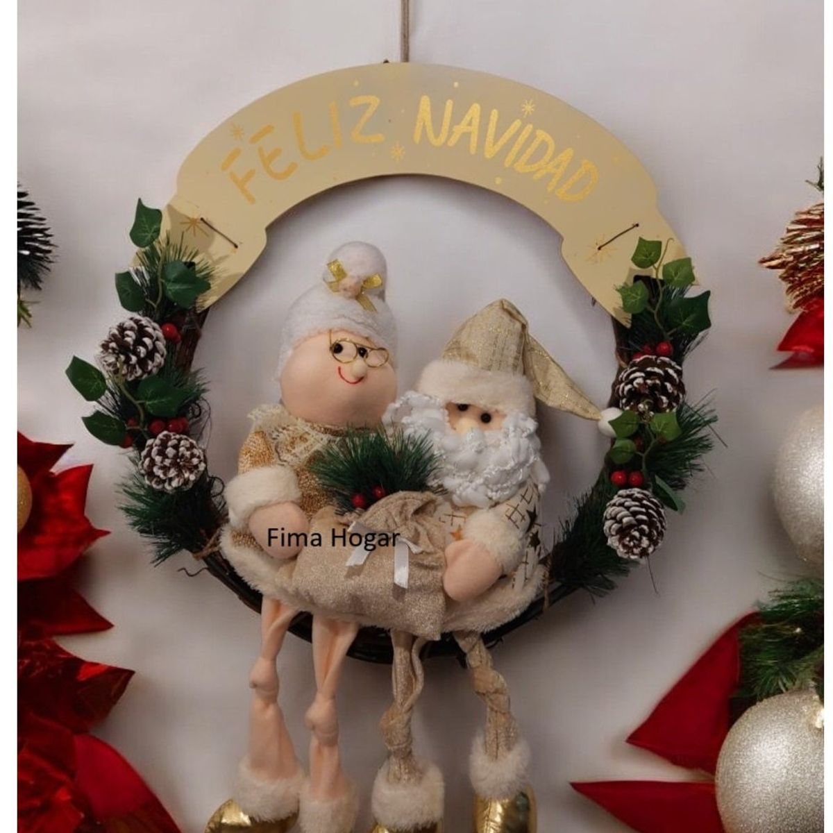 GENERICO - Corona de Navidad Grande colgante para pared y puerta dorado 50 cm