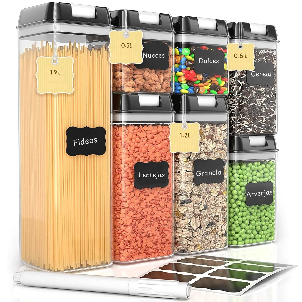 GENERICO - Juego De 7 Frascos Herméticos Con Tapa A Presión Tapa Negra